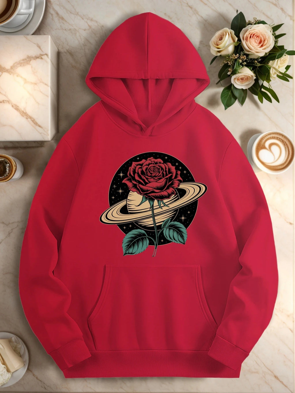 Cosmic Pattern Rose Women Hoodies 2025 Winter Autumn Clothes Y2k Sweatshirt Top Hoodie Long Sleeve Women's Casual Clothing