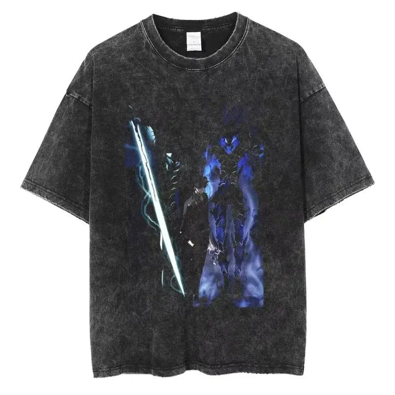 Hot Anime Solo Leveling Sung Jin-Woo Printed T Shirt Men Women Tshirts Plus Size T-shirt Harajuku Unisex Washed Cotton Tee