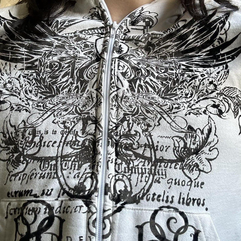 Imcute Wing Print Mall Goth Vintage Hoodies Y2K Grunge Graphic Long Sleeve Hooded Sweatshirt Harajuku Japanese Aesthetic Women