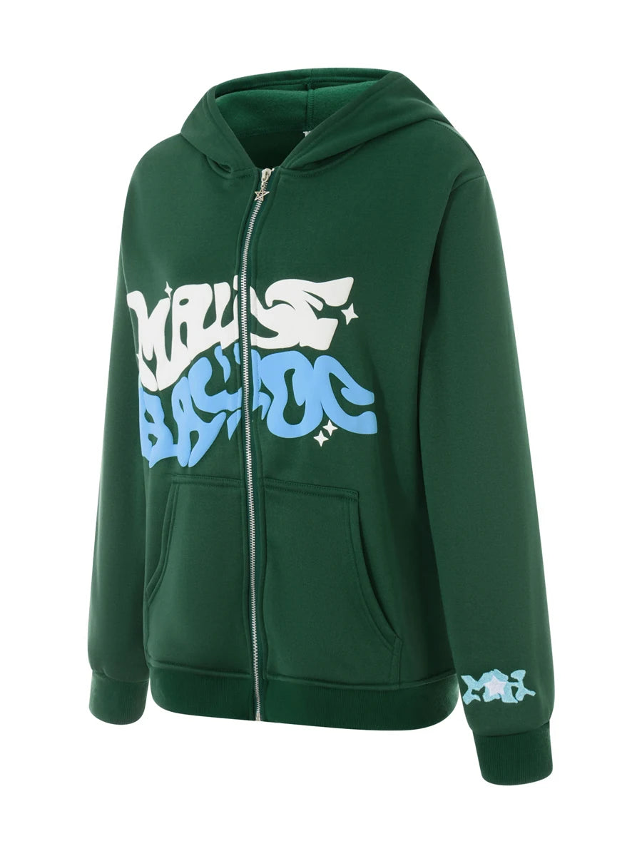 Men Women Hoodie Long Sleeve Letters Print Zipper Closure Sweatshirt Jacket with Pockets