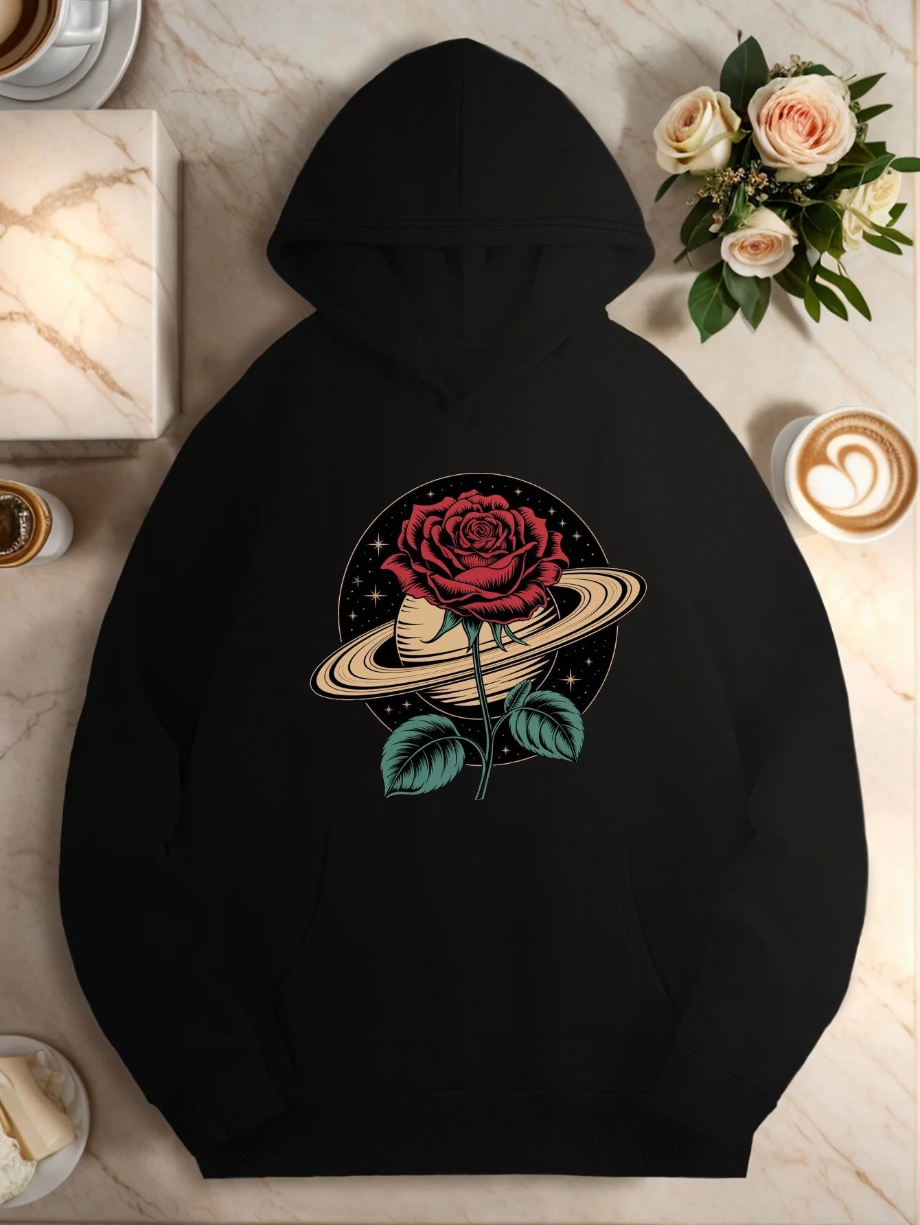 Cosmic Pattern Rose Women Hoodies 2025 Winter Autumn Clothes Y2k Sweatshirt Top Hoodie Long Sleeve Women's Casual Clothing