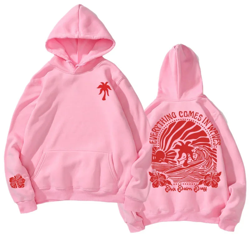 New Women'S And Youth Tropical Flower Island Hoodie - Light Grey With Pink Flower Print - Daily Street Wear - Four Seasons Women
