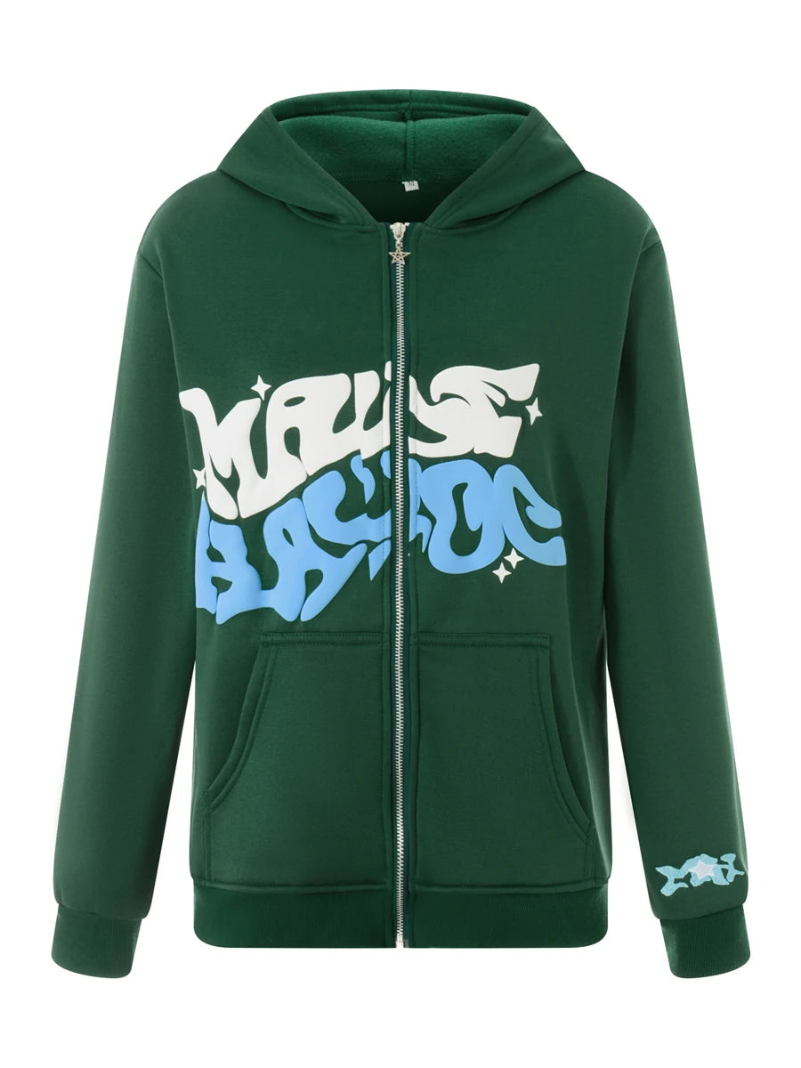 Men Women Hoodie Long Sleeve Letters Print Zipper Closure Sweatshirt Jacket with Pockets