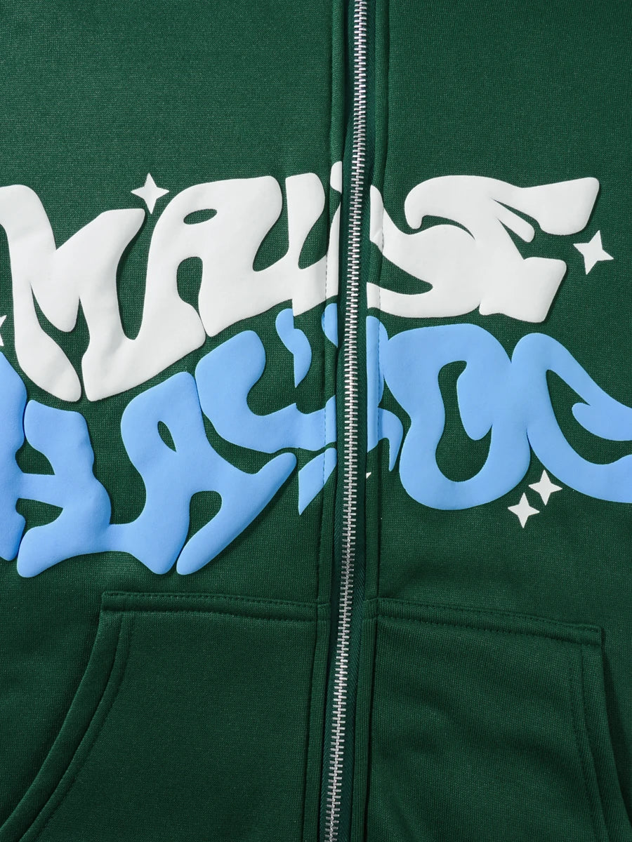 Men Women Hoodie Long Sleeve Letters Print Zipper Closure Sweatshirt Jacket with Pockets