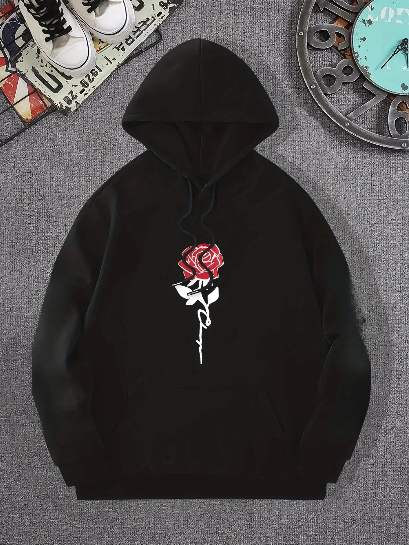 Rose Art Letters Printed Hoodie Casual Street Women's Sweatshirt Comfortable Pullover Round Neck Loose Women's Clothing Y2K Top