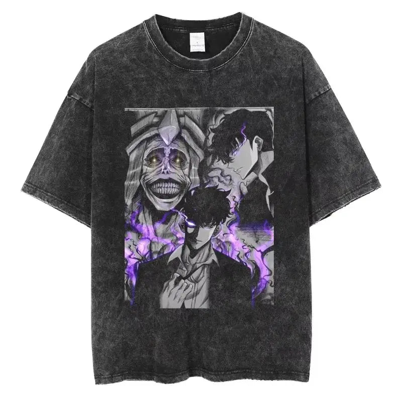Hot Anime Solo Leveling Sung Jin-Woo Printed T Shirt Men Women Tshirts Plus Size T-shirt Harajuku Unisex Washed Cotton Tee