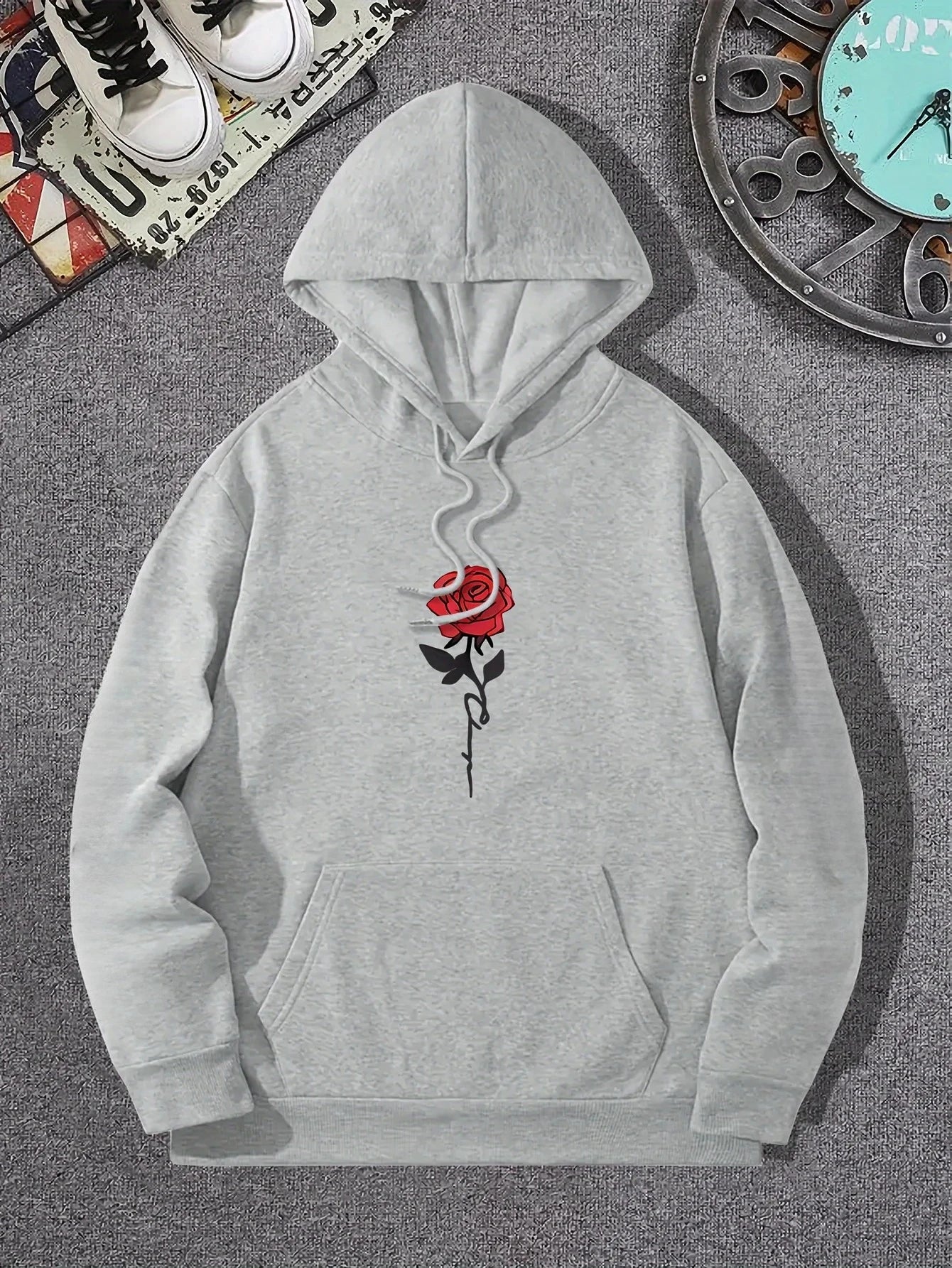 Rose Art Letters Printed Hoodie Casual Street Women's Sweatshirt Comfortable Pullover Round Neck Loose Women's Clothing Y2K Top