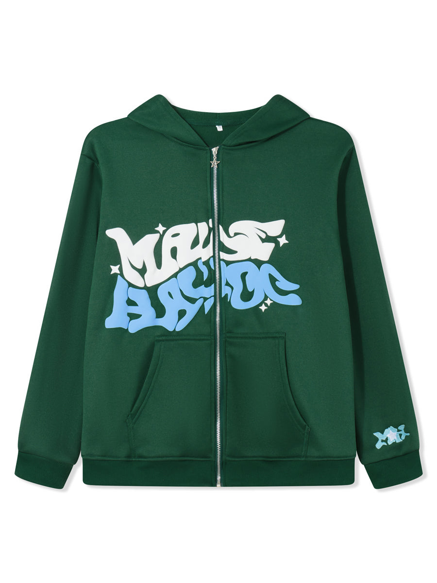 Men Women Hoodie Long Sleeve Letters Print Zipper Closure Sweatshirt Jacket with Pockets