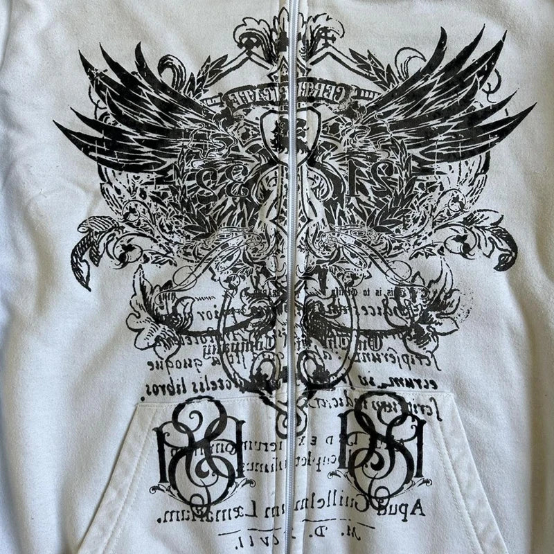 Imcute Wing Print Mall Goth Vintage Hoodies Y2K Grunge Graphic Long Sleeve Hooded Sweatshirt Harajuku Japanese Aesthetic Women