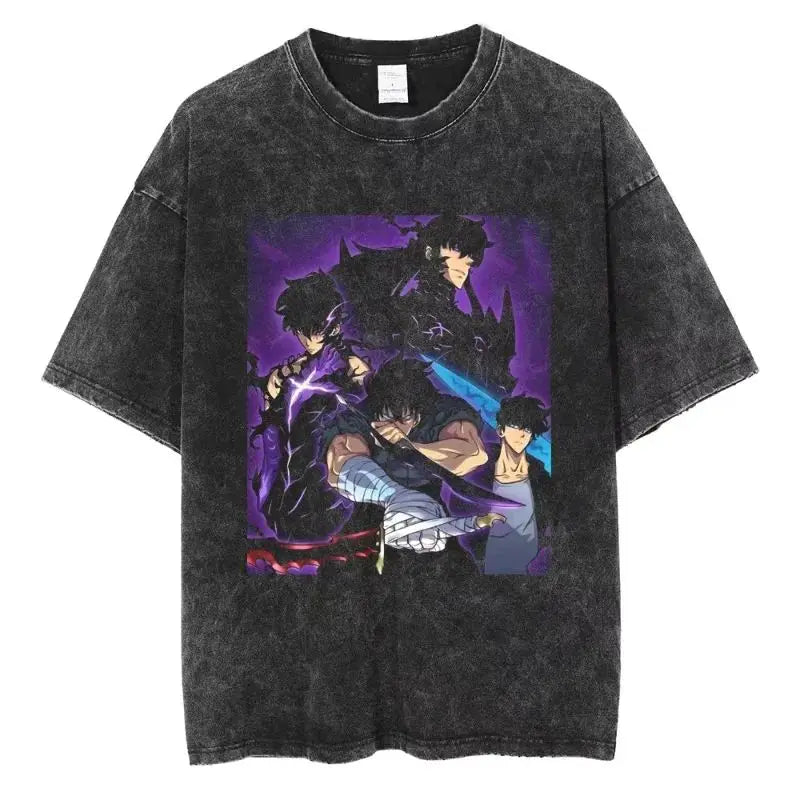 Hot Anime Solo Leveling Sung Jin-Woo Printed T Shirt Men Women Tshirts Plus Size T-shirt Harajuku Unisex Washed Cotton Tee