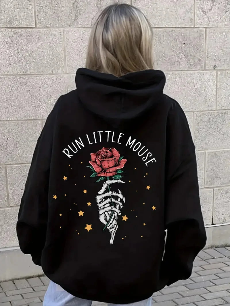 Run Little Mouse Rose Back Print Hoodie Women's Fleece Hoodie High Street Versatile Y2K New Autumn/Winter Women's Hoodie