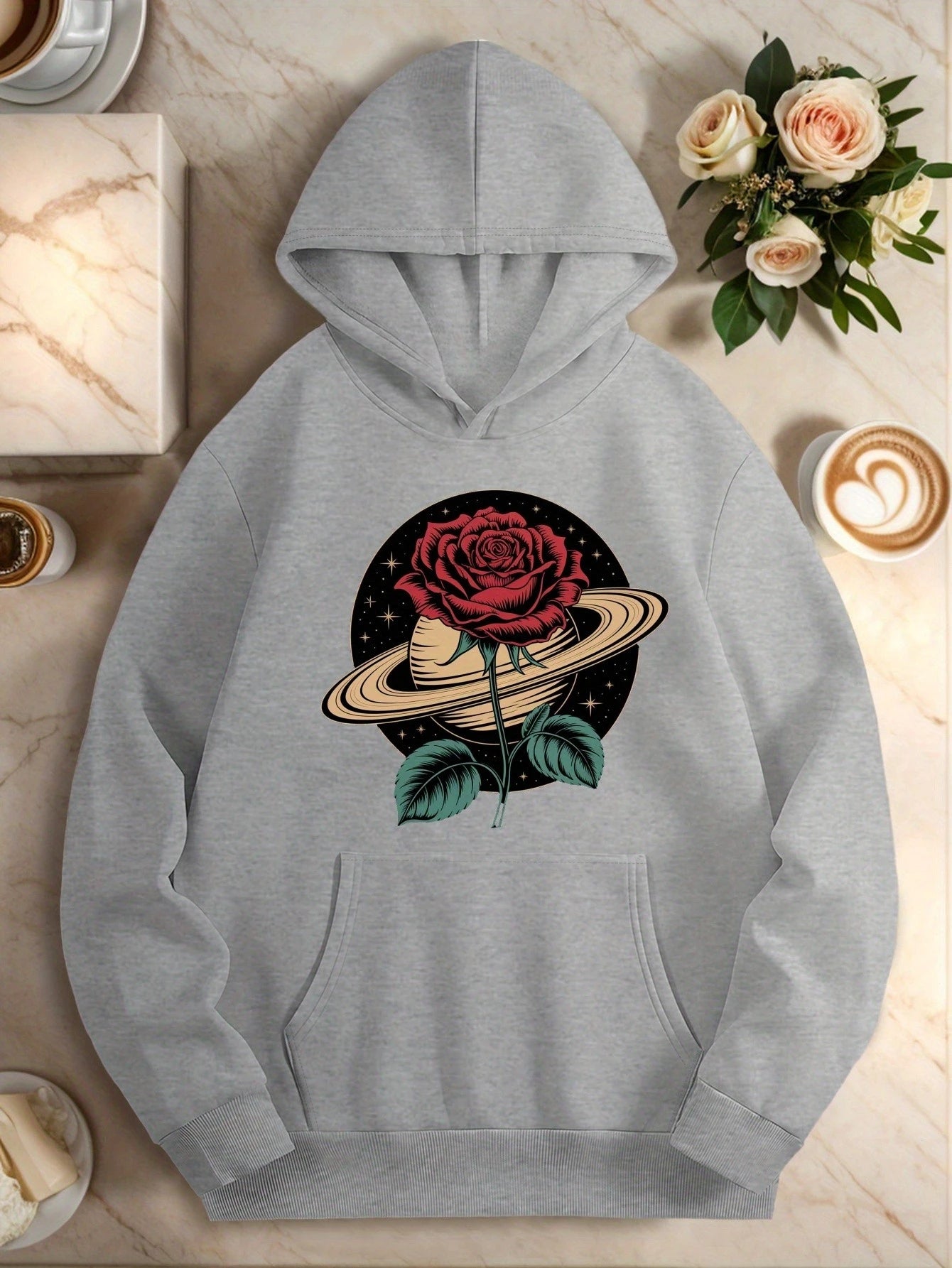 Cosmic Pattern Rose Women Hoodies 2025 Winter Autumn Clothes Y2k Sweatshirt Top Hoodie Long Sleeve Women's Casual Clothing
